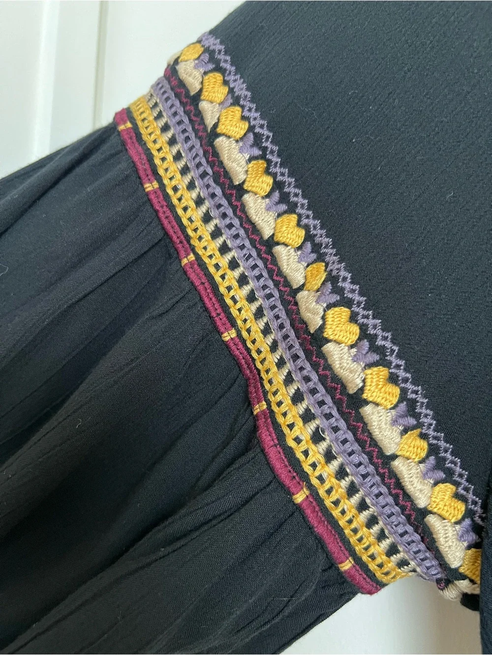 Angie Black Embroidered Boho Peasant Maxi Dress Tassel Tie Rayon Medium - Picture 3 of 8